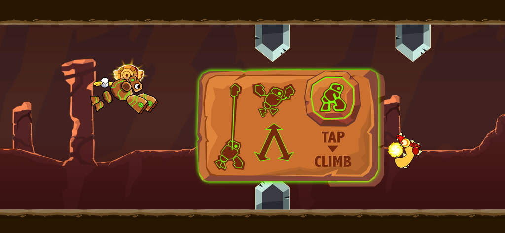 Duck Life 5: Treasure Hunt - A duck character wearing a stone mechanical suit inside a cave with gameplay instructions for climbing