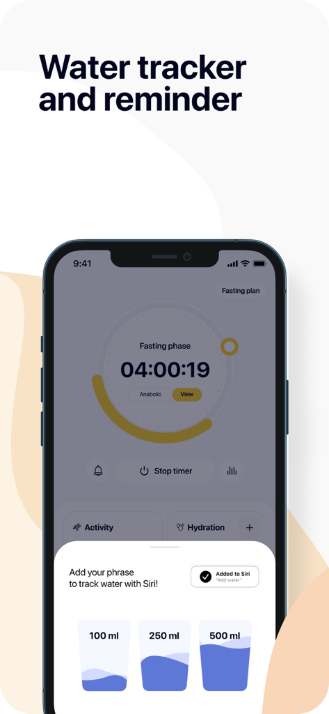 Intermittent Fasting Tracker! - Interface do aplicativo de jejum intermitente Nutry mostrando lembrete de rastreador de água e integração de comando de voz Siri em uma tela de iPhone.