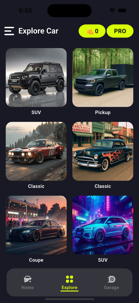 Mobile app interface showing a gallery of AI-generated car designs including SUV, Pickup, Classic, and Coupe styles.