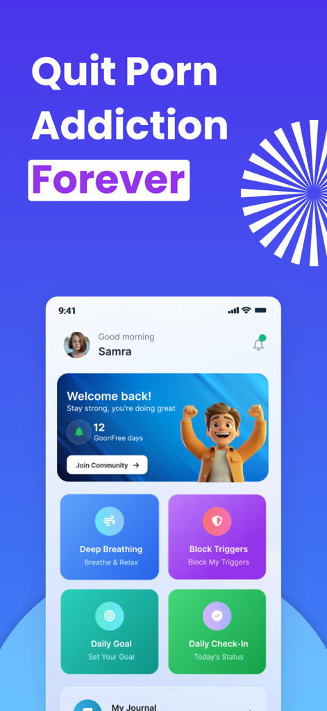 GoonFree - Stop Gooning & Porn - Interface do aplicativo GoonFree mostrando um rastreador de sequência de recuperação e ferramentas diárias de bem-estar