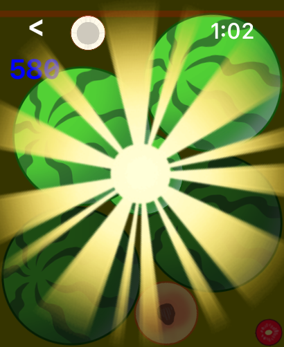 Merge Watermelon 4 Watch - Gameplay of Merge Watermelon for Watch showing a synthesis animation.