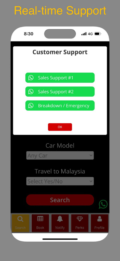 WD11 Car Rental - WD11 Car Rental app customer support screen with WhatsApp contact options for sales and emergencies