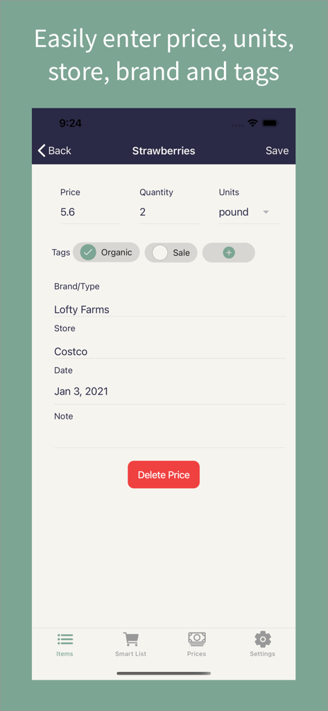 PricedLess - PricedLess 앱 인터페이스로 품목 가격, 수량, 브랜드 및 매장 정보 입력