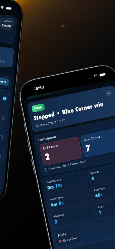 Summary screen of an MMA match in the How to K.O. app displaying scores, round statistics, and foul details.