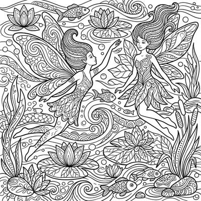 Explore a serene underwater world with two ethereal water fairies, intricately detailed with captivating Zentangle patterns. This coloring page invites you to discover the magic of aquatic life through a meditative artistic style.