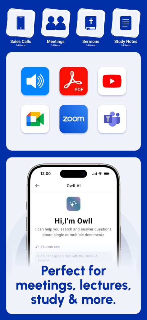 Owll AI note taker interface showing integrations with Zoom Google Meet Teams and YouTube for meetings and study