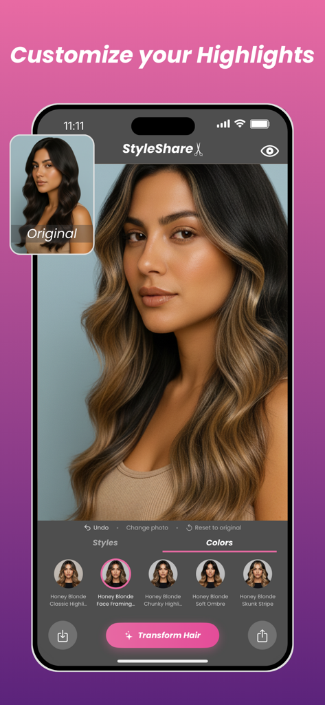 StyleShare: Hair Color Changer - Interfaz de la aplicación móvil StyleShare mostrando a una mujer probando virtualmente mechas rubias miel que enmarcan el rostro.