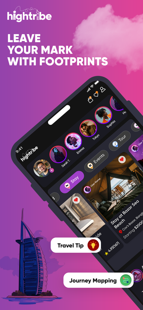 Hightribe: Social Travel App - Interfaz de la aplicación móvil Hightribe que muestra las huellas de viaje y las funciones de seguimiento de rutas.