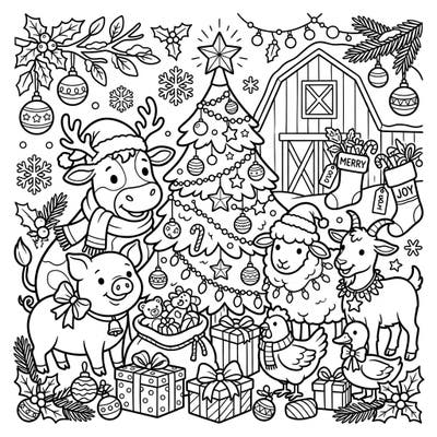 Celebrate the holidays with our charming Christmas farm animals coloring page! This delightful scene brings together your favorite barnyard pals in a festive, winter wonderland.