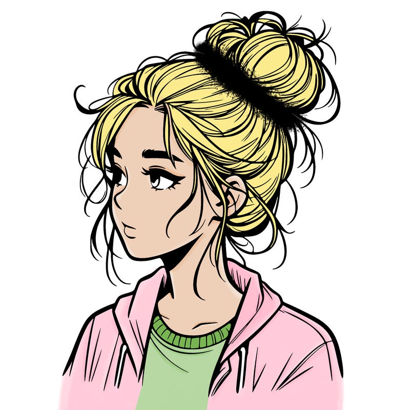 realistic teenage girl with a messy bun