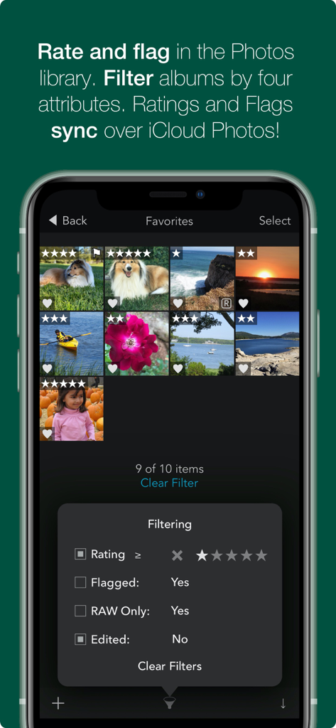 RAW Power - Interface of the RAW Power app showing photo ratings, flags, and filtering options in the iOS library.