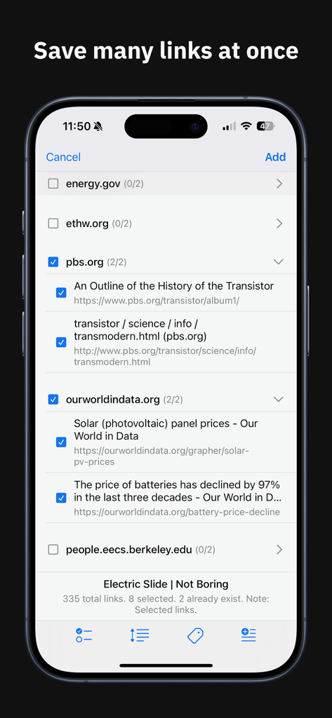 Una captura de pantalla de la aplicación Subset Network que muestra la interfaz de guardado de múltiples enlaces con artículos seleccionados de PBS y Our World in Data.