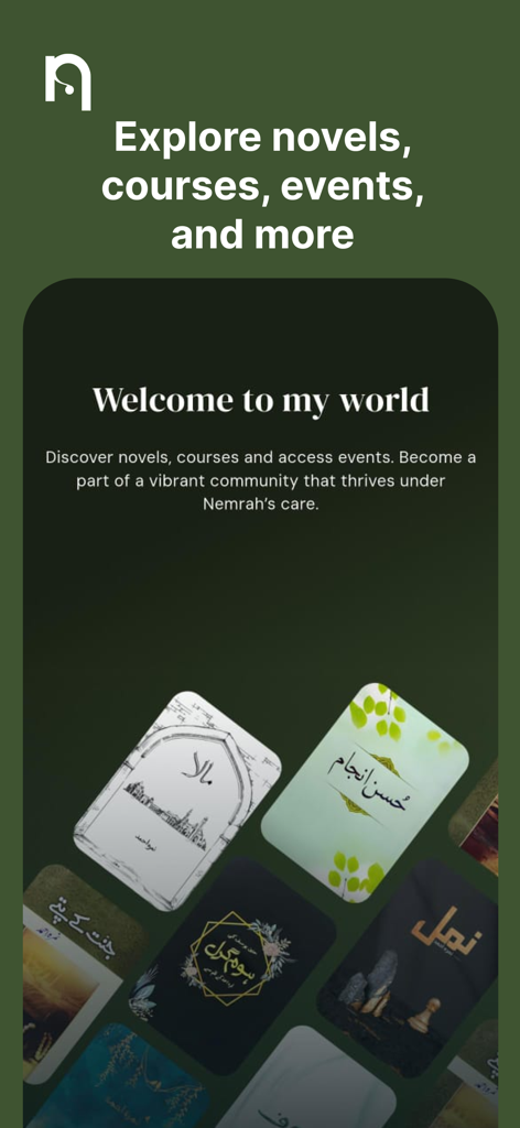 Nemrah Ahmad - Welcome screen of the Nemrah Ahmad app displaying a collection of Urdu novels and Islamic courses