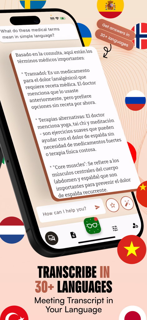 Hedy AIアプリのインターフェースは、多言語サポートでスペイン語のリアルタイム医療用語の説明を示しています