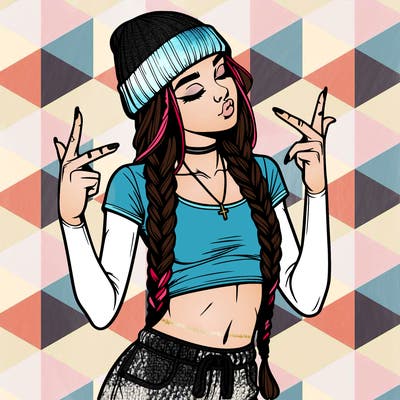 realistic teenage girl with braids and a beanie and crop top doing 🫶🏼