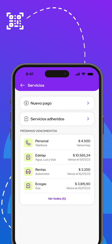 Buepp: Tu billetera urbana - Mobile app interface of Buepp showing a list of upcoming service bill payments and utility charges