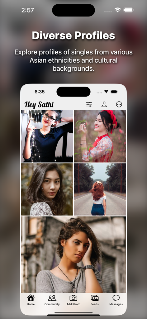 Hey Sathi app screen displaying a diverse grid of Asian dating profiles