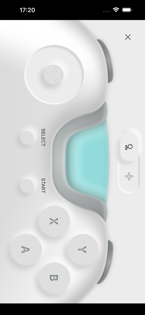 Un'interfaccia bianca di controller di gioco virtuale all'interno dell'app C-Remote con pulsanti A B X Y e un pad direzionale