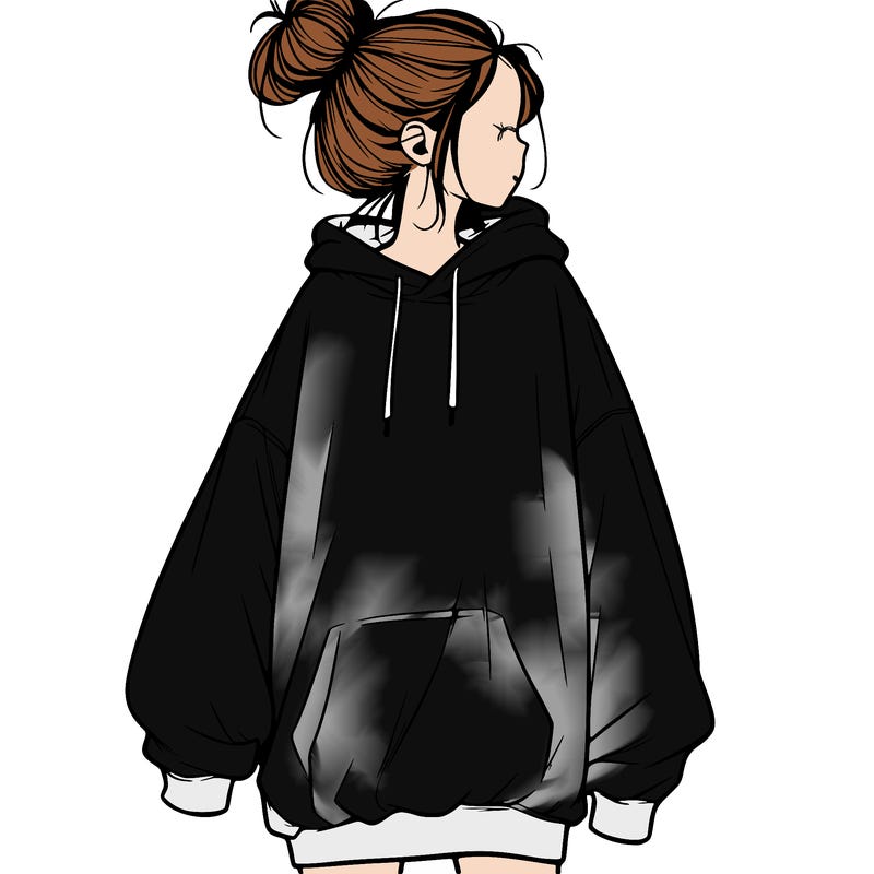 realistic girl with a oversized sweatshirt on and a bun
