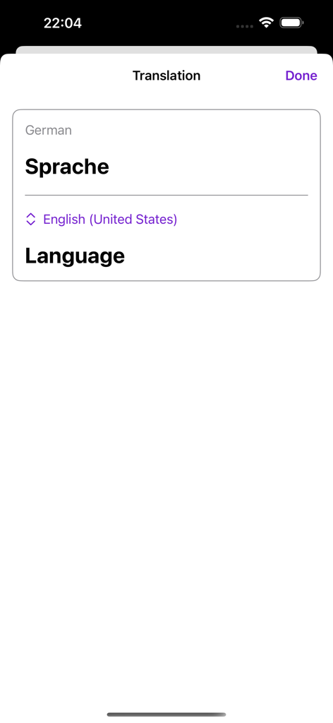 Der Die Das - Der Die Das 앱 스크린샷으로, 독일어 단어 Sprache를 영어 단어 Language로 번역하여 보여줍니다.