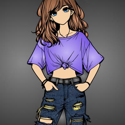 a girl with ripped jeans a t-shirt realistic