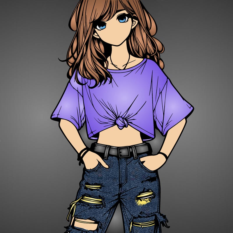 a girl with ripped jeans a t-shirt realistic