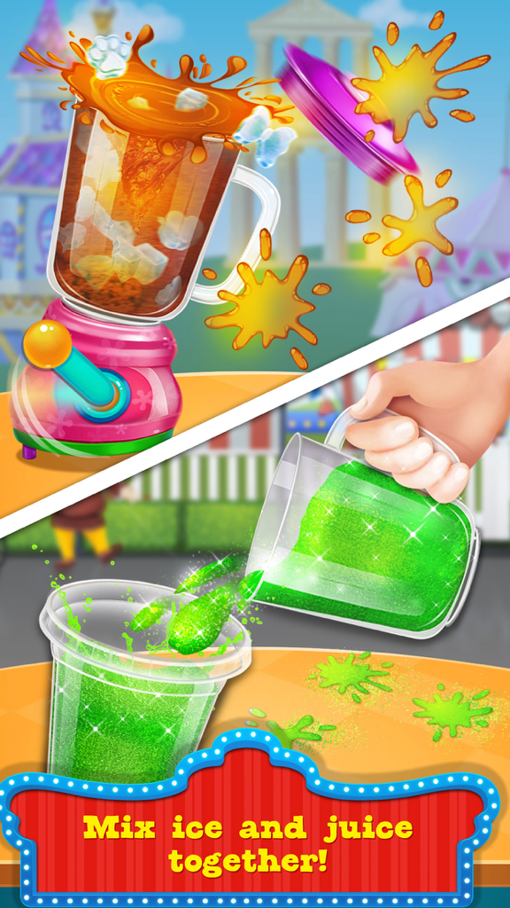 Slushy! - Make Crazy Drinks - A colorful blender mixing orange juice and a hand pouring green liquid into a cup