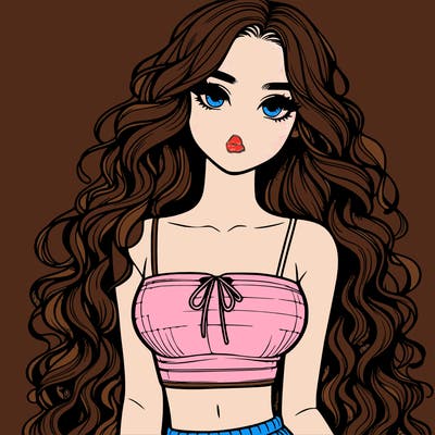 realistic girl with long curly hair and a crop top