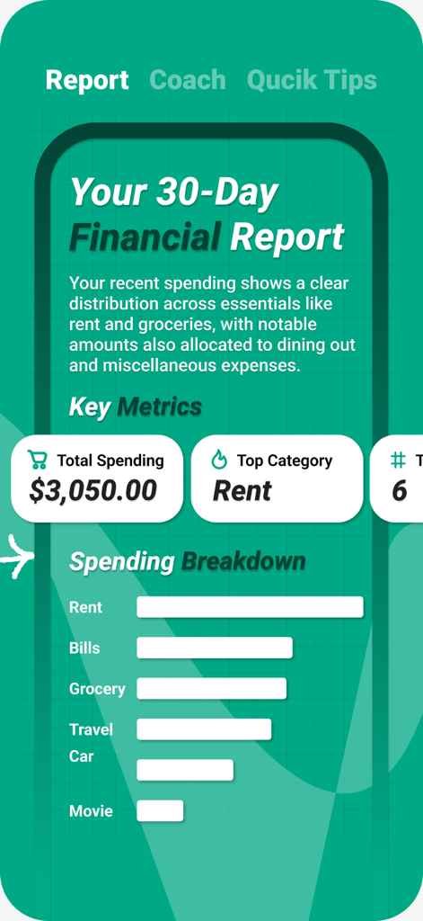 PocketBook AI App-Screenshot, der einen 30-Tage-Finanzbericht mit Gesamtausgaben und einem Kuchendiagramm zur Ausgabenaufschlüsselung zeigt.