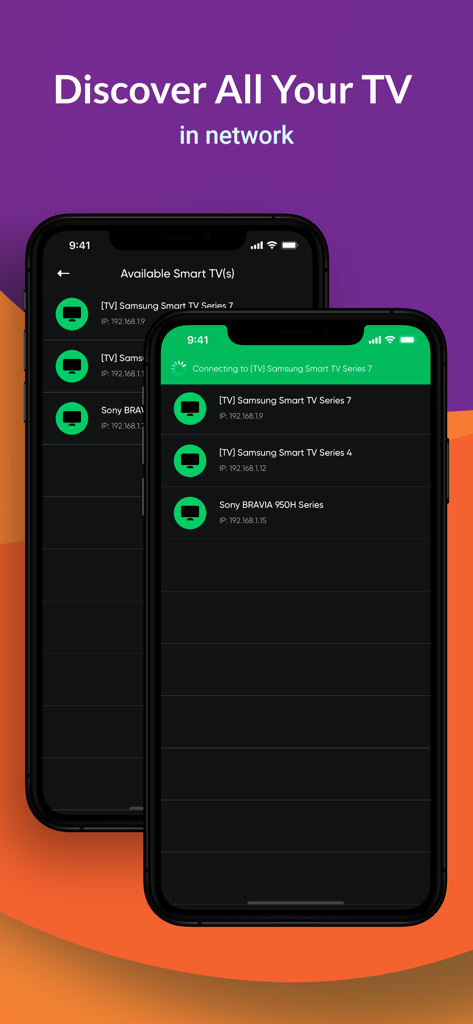 All Screen Mirror Miracast TV - Interface of the All Screen Mirror app showing a list of discoverable smart TVs on the network for connection.