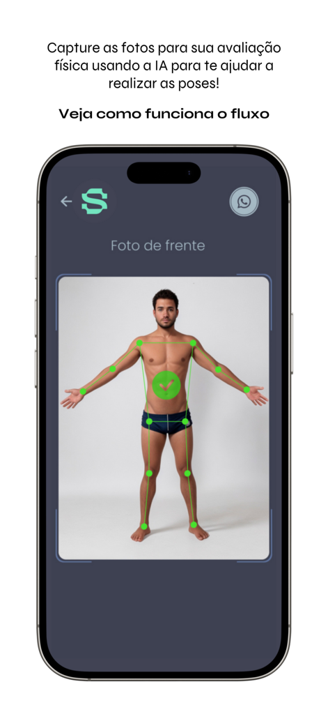 AI-guided body assessment photo capture interface showing skeletal tracking for physical evaluation