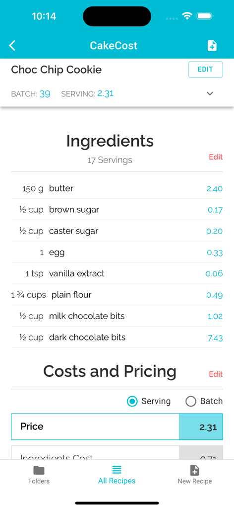 CakeCost app interface showing a chocolate chip cookie recipe with an itemized list of ingredient costs and final price calculation per serving.