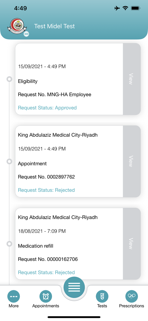 خدمات المرضى - List of medical requests including eligibility, appointments, and medication refills with status updates in the NGHA Patient Care app.