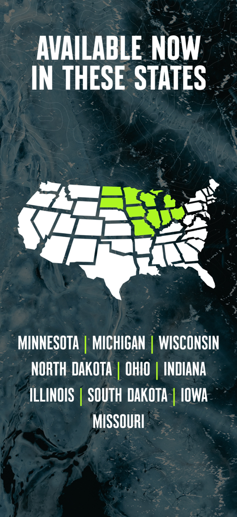 onX Fish: Midwest Lake Finder - US map highlighting the 10 Midwest states where onX Fish is available
