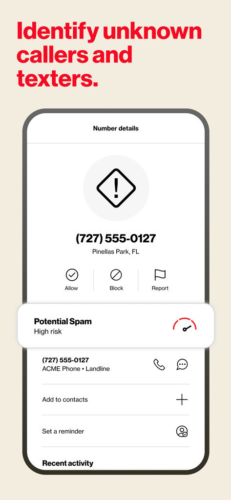 Verizon Call Filter app screen identifying a high risk potential spam caller with options to block or report.