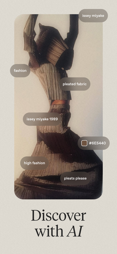 Interfaccia dell'app Cosmos che mostra tag di immagini basati sull'IA e ricerca per colore su una foto di alta moda.