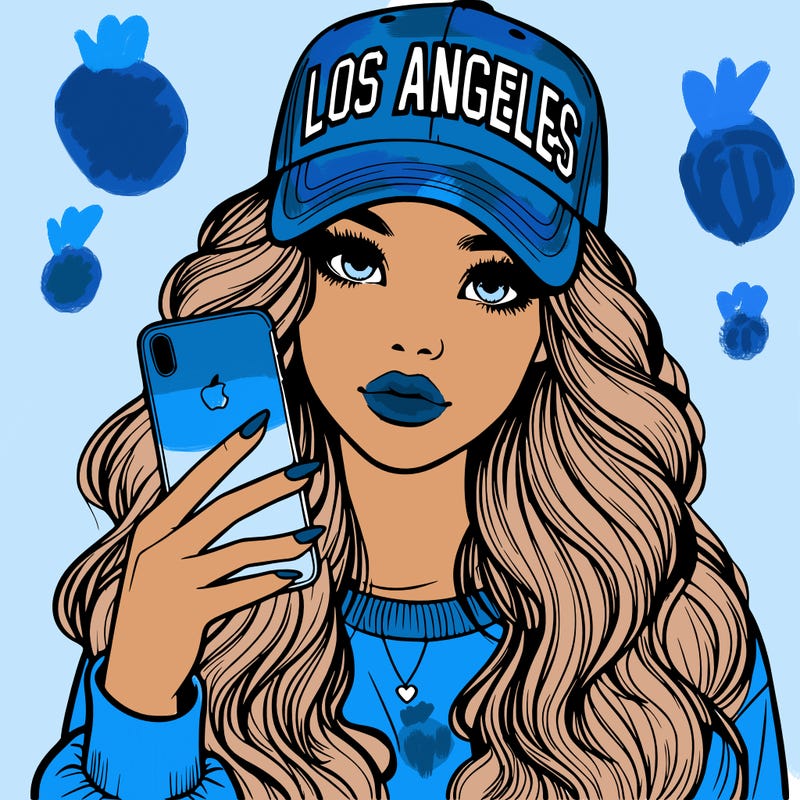realistic beautiful girl wearing los ángeles cap holding an iphone