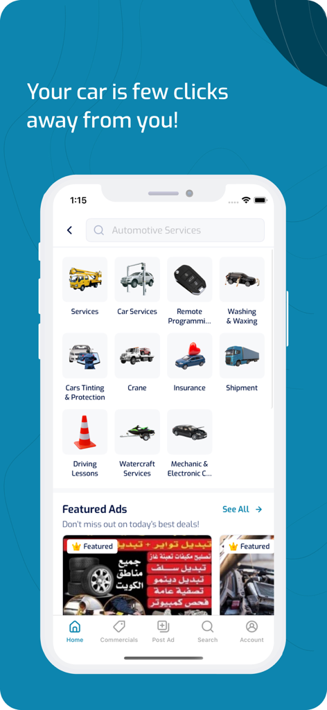 Q8Car - Q8Car mobile app screen displaying automotive services including car washing, insurance, and vehicle shipment options.
