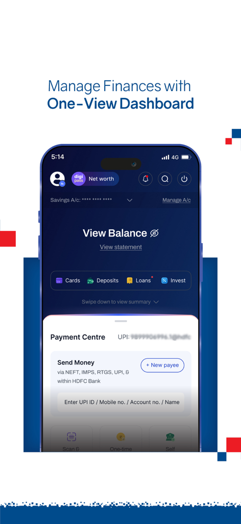 HDFC Bank App dashboard displaying a one-view financial overview and payment center.
