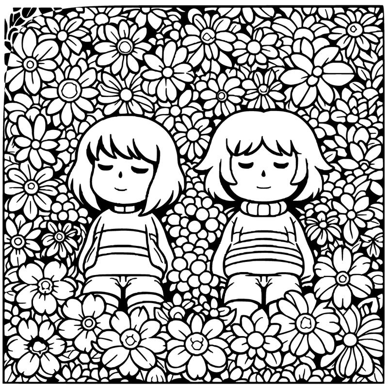undertale, frisk and chara in a bed of flowers
