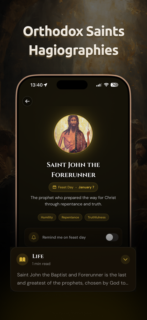 Athon: Orthodox Bible - Athon app interface displaying the hagiography and feast day of Saint John the Forerunner