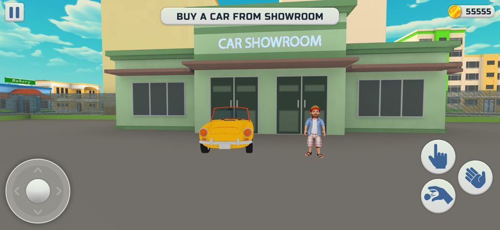 I Am Crazy Taxi Driving Game - A character and a yellow taxi car in front of a car showroom building in the game