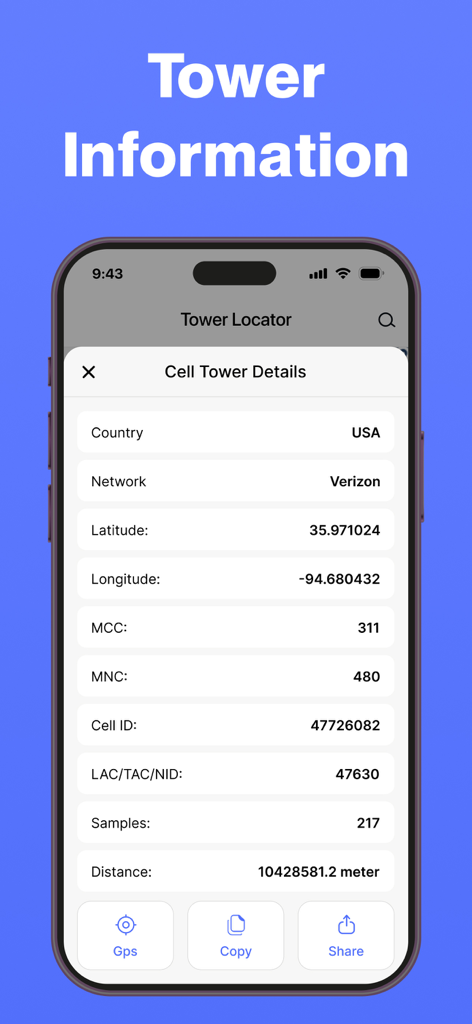 Cellular Tower & Signal Finder - A mobile app screenshot showing detailed cell tower information for Verizon in the USA including latitude, longitude, and cell ID