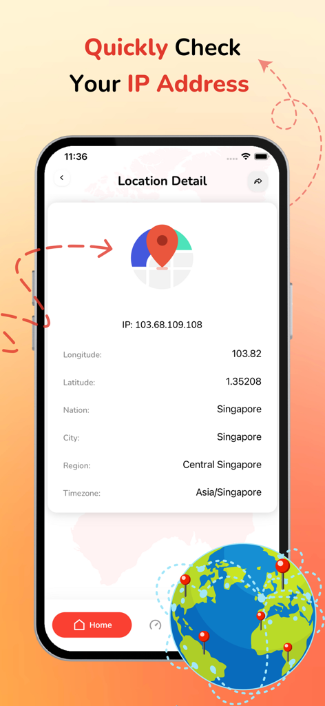 VPN Super-Fast Unlimited Proxy - Smartphone screen displaying IP address and geographic location details from a VPN service