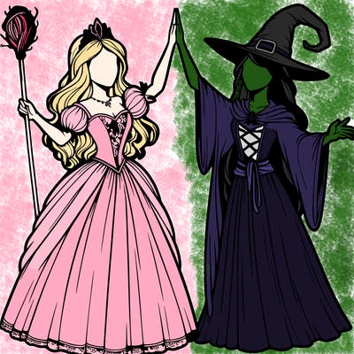 detailed realistic split of a princess and a witch