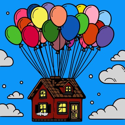 house floating from lots of balloons