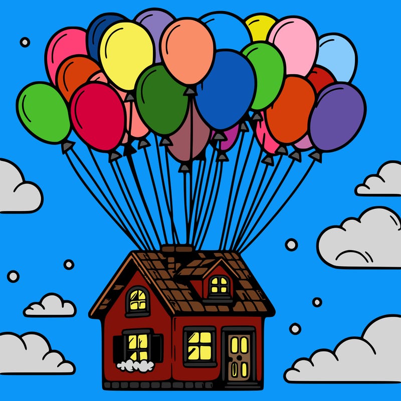 house floating from lots of balloons
