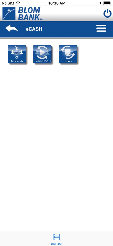 eBLOM Mobile - eBLOM Mobile app eCASH screen displaying options for Recipients Send eCASH and History