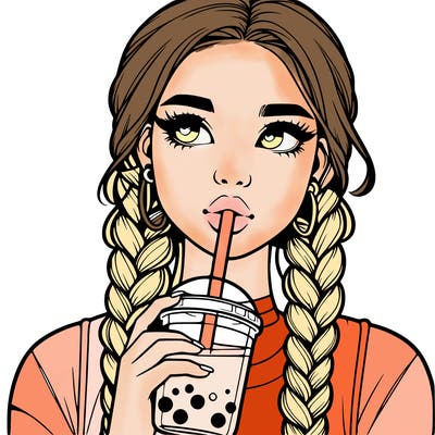 realistic girl with braided hair drinking boba