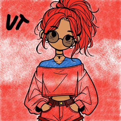 girl with a messy ponytail glasses a baggy crop top and jean shorts